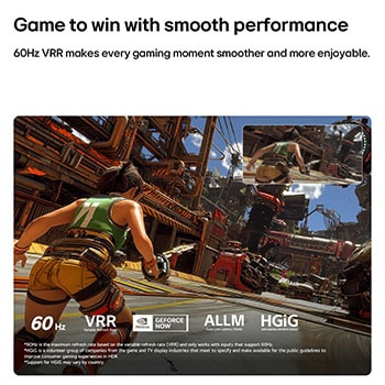 LG NANO 4K UHD AI nu70 for Ultimate Gameplay shows a fast-paced action game scene with a comparison inset highlighting smoother motion, while supporting up to 60Hz, VRR, ALLM, HGiG, and GeForce NOW.